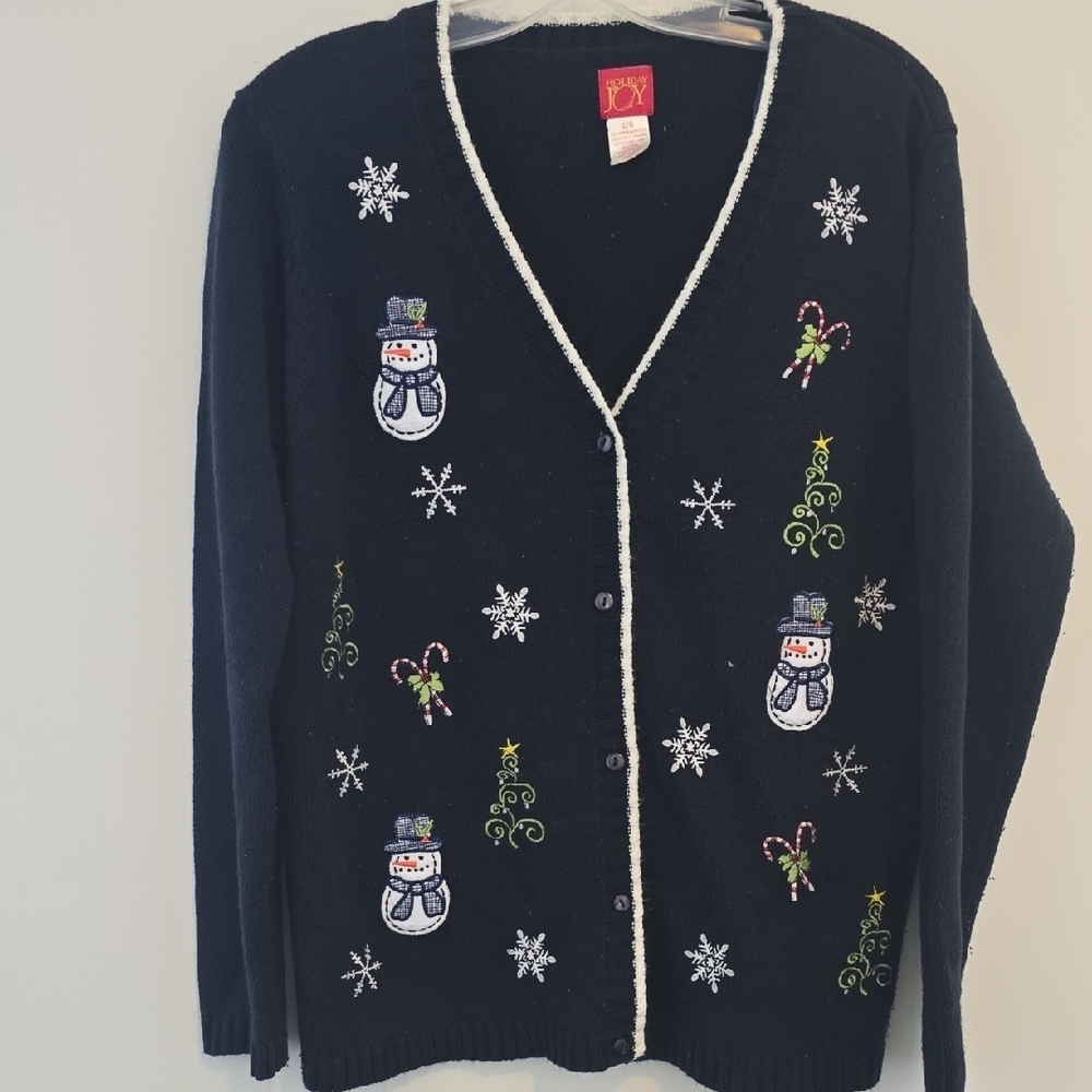 Black Cardigan with Snowman and Snowflake Embroidery